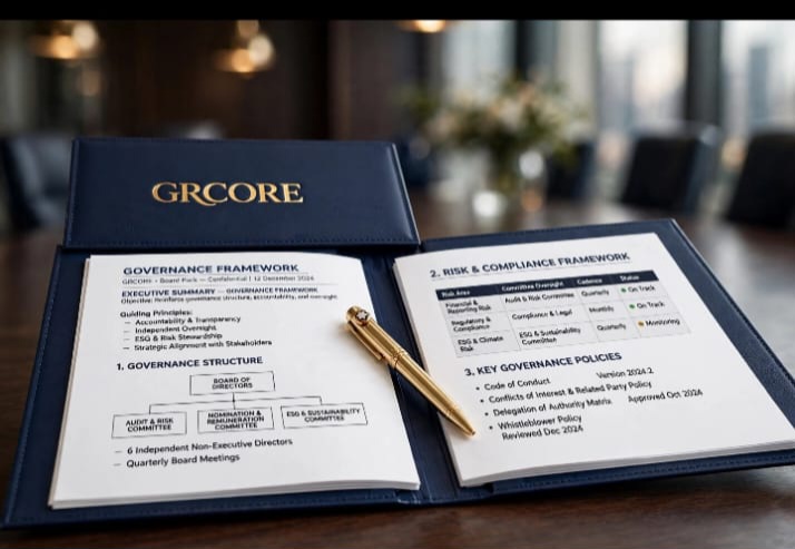 GRC'ore board pack showing the governance and risk framework